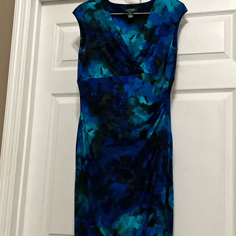 Lauren Ralph Lauren Blue and Teal Cap-Sleeve Wrap-Style Midi Dress